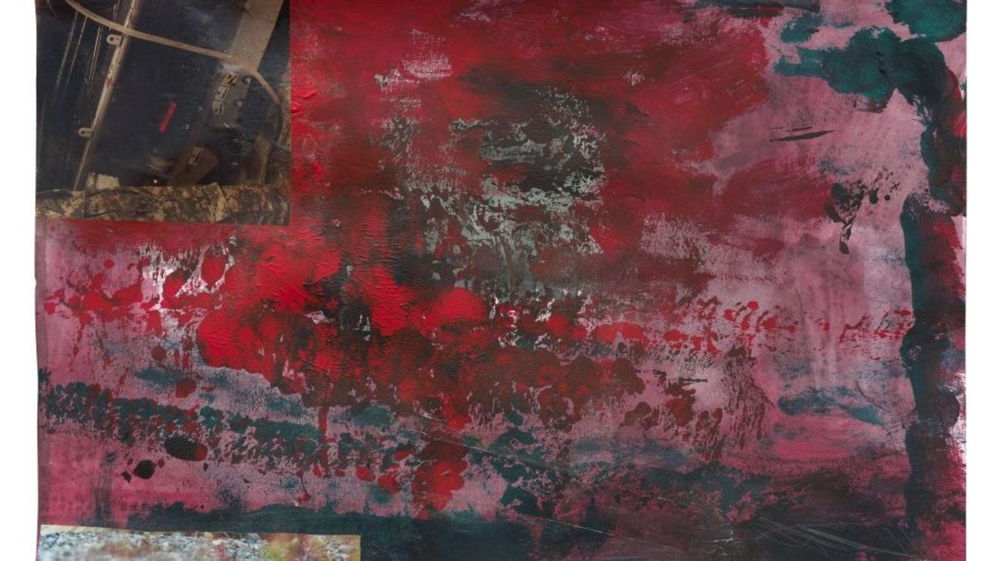 An abstract composition with predominantly red, black, and green colour fields. The surface shows varied textures, including brush and roller marks. In the upper left area, there is a small photographic element depicting mechanical details.