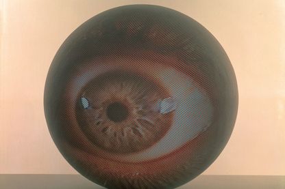 Diese Aufnahme zeigt eine Kugel, auf die ein Auge projiziert, auf dem Boden liegend.