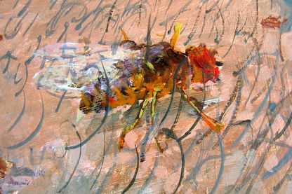 Video Still, das aus einer pastosen Malerei besteht, welche ein Insekt, vermutlich eine Biene zeigt. Jacco Olivier, Sammlung Goetz München