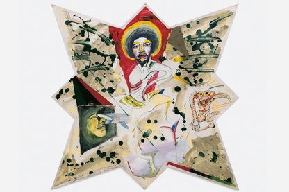 Diese Abbildung zeigt eine Malerei mit Bleistift, Acrylfarben und Buntstift auf Papier, das die Formen eines Sterns hat. Das Motiv besteht aus mehreren kleinen Zeichnungen, in der Mitte ist eine merkwürdige Version von Jimi Hendrix zu sehen