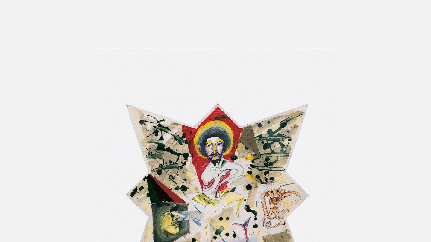 This picture shows a painting with pencil, acrylic colours and coloured pencil on paper, which has the shape of a star. The motive consists of several small drawings, in the middle you see an odd version of Jimi Hendrix.