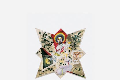 This picture shows a painting with pencil, acrylic colours and coloured pencil on paper, which has the shape of a star. The motive consists of several small drawings, in the middle you see an odd version of Jimi Hendrix.
