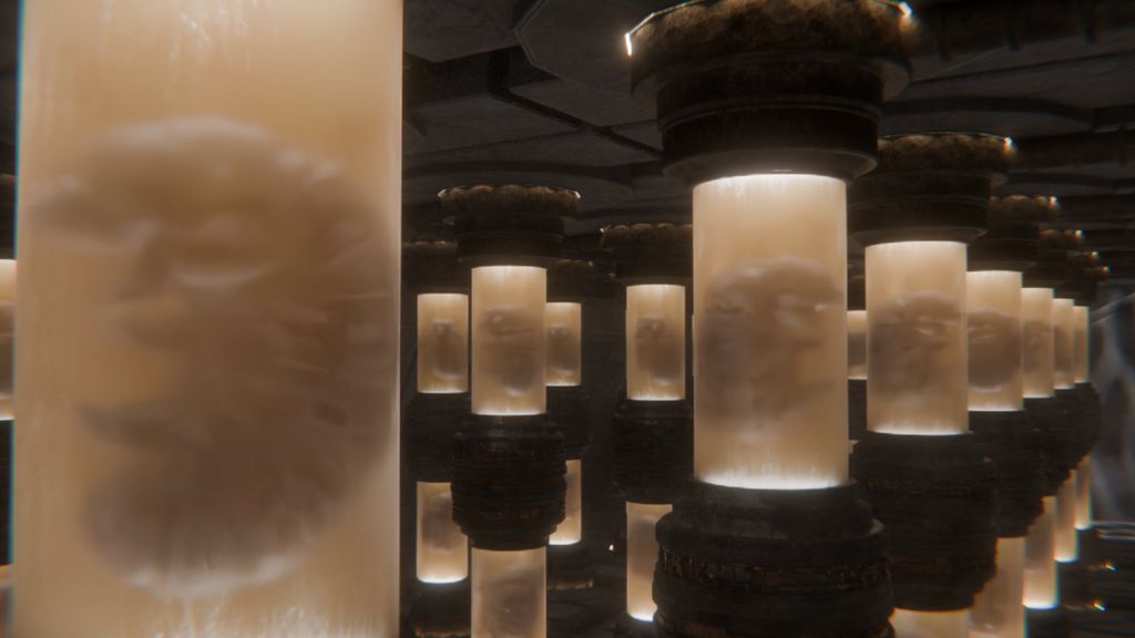 Reihe leuchtender Zylinder mit embryoartigen Figuren darin - in einer düsteren, technischen Umgebung.