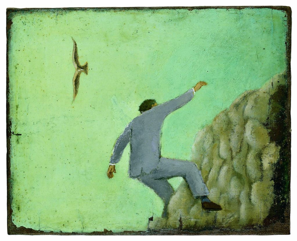 Painting depicting a man in a suit losing his footing while climbing a mountain. In the background of the painting is a bird with its wings wide open. Francis Alÿs, Sammlung Goetz Munich