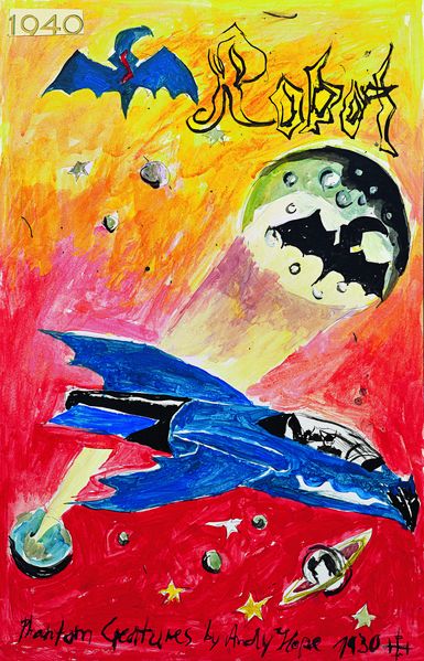 Colorful drawing consisting of a red-yellow background, a small earth from which a cone of light with a Batman-like symbol emanates. Furthermore, there are other small planets and a kind of plane with a Batman figure in it. In the upper part of the picture the word "Robot" is written, in the lower part the words "Phantom Creatures Andy Hope 1930" are to be read. Andy Hope 1930, Sammlung Goetz Munich