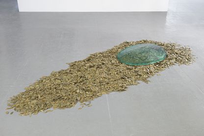 Diese Arbeit besteht aus Lorbeer-Blättern, die länglich aufgeschüttet auf dem Boden liegen und bereits vertrocknet sind. An der oberen breiteren Seite liegt darauf ein ovales, dickes und leicht türkisfarbenes Glasstück, welches die Blätter durchscheinen lässt.