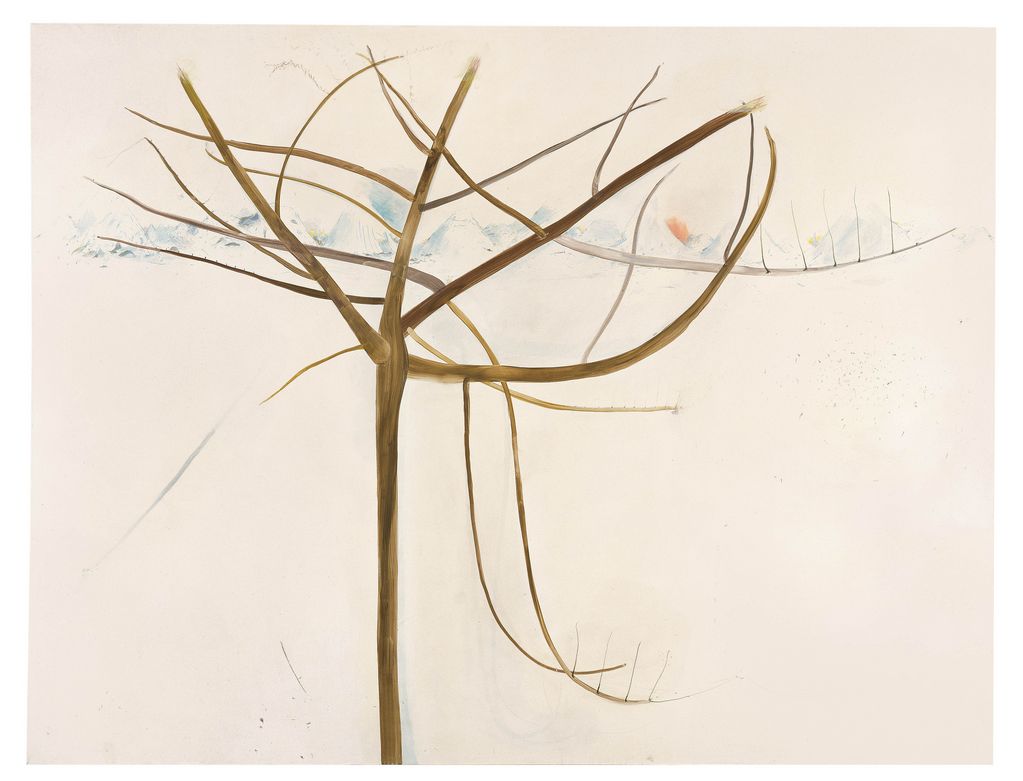 Diese Ölmalerei zeigt einen zarten Baum im Winter, da er keine Blätter trägt und im Hintergrund eine verschneite Berglandschaft angedeutet ist. Rosilene Luduvico, Sammlung Goetz München