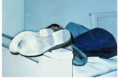 Painting showing a man lying on a bed in extremely foreshortened perspective with shod feet first. Wilhelm Sasnal, Sammlung Goetz Munich