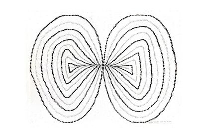 Diese Arbeit von Chris Ofili besteht aus einer Bleistiftzeichnung, die eine Schleife aus spiegelsymmetrischen, konzentrischen Kreisen darstellt.