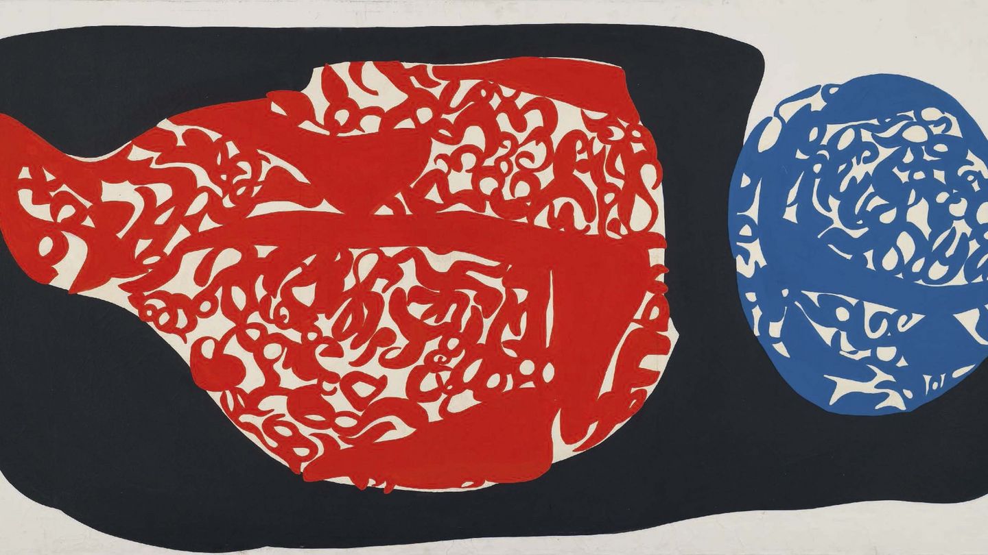 Abstract painting with a blue and a red field, which look like speech bubbles with unrecognisable writing inside. In between and outside is a black area, which, however, does not cover the entire painting ground. Carla Accardi, Sammlung Goetz Munich