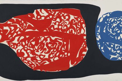 Abstract painting with a blue and a red field, which look like speech bubbles with unrecognisable writing inside. In between and outside is a black area, which, however, does not cover the entire painting ground. Carla Accardi, Sammlung Goetz Munich