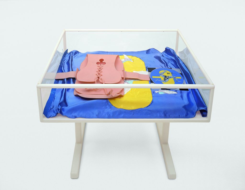Display case made of acrylic and self-lubricating plastic, with a silkscreened laser disc on a cover of pile paper and a pink plastic prosthesis on satin flag and Manx tartan cloth in yellow and blue. Matthew Barney, Sammlung Goetz Munich