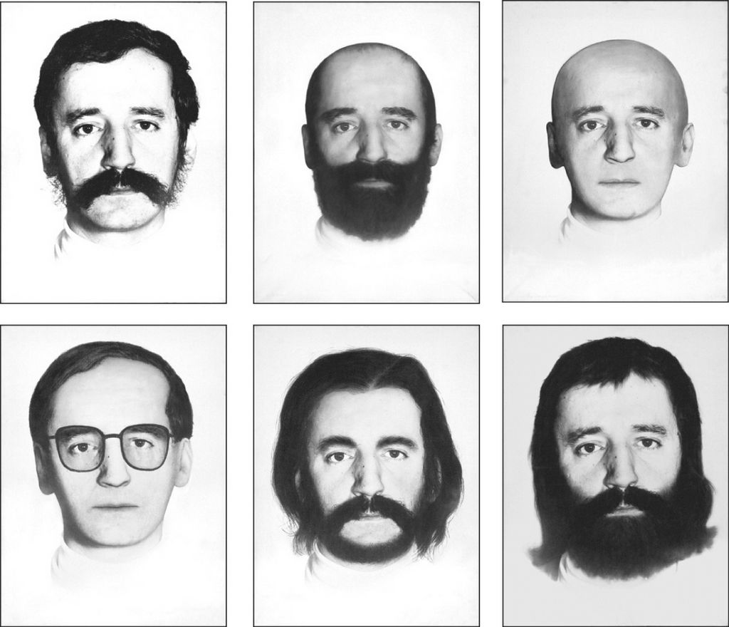 Six canvases with varying black and white representations of a man's head, for example by adding beard, hair, glasses. Giorgio Ciam, Sammlung Goetz, Munich