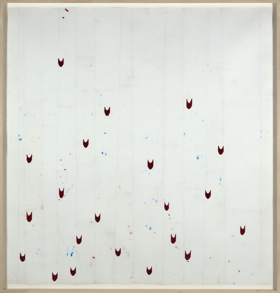 The work depicted is a delicate painting on paper. The background is white, with red v-shaped hooks and red and blue dots distributed over it. 