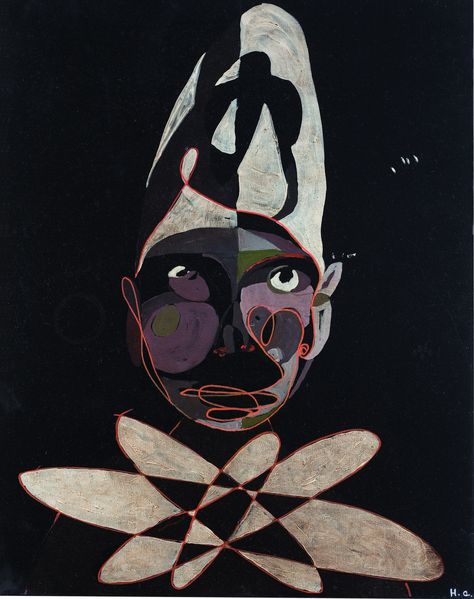 Malerei, bestehend aus einem schwarzen Grund, auf dem ein weißes und gräuliches Gesicht eines Pierrot dargestellt ist. Thomas Zipp, Sammlung Goetz München