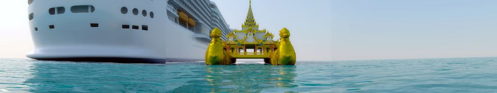 Video Still, das ein virtuelles Meer zeigt, auf dem ein großes weißes Schiff schwimmt. Daneben befindet sich ein viel kleineres, goldenes und fantasievolles Katamaran mit chinesischen Elementen, welches außerdem die Bildmitte ausmacht. AES+F, Sammlung Goetz München