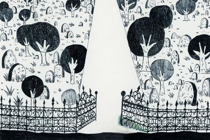 Schwarzer Kugelschreiber und Filzstift auf Papier, kindliche Zeichnung bestehend aus einer Szenerie mit verschnörkelten Zaun, langem Weg und Bäumen sowie Grabsteinen. Tal R, Sammlung Goetz München