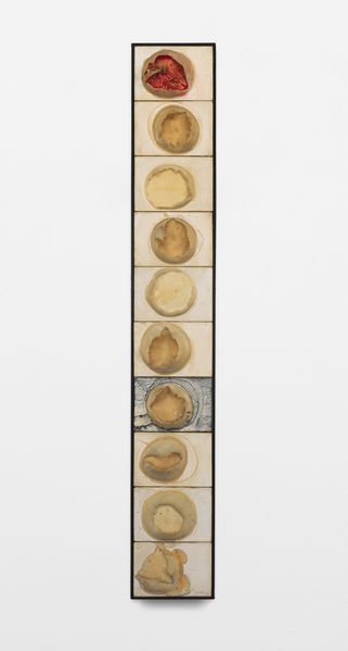 Narrow, portrait format canvas divided into ten fields.  In each field a burst bubble of PVA adhesive , Takesada Matsutani, Sammlung Goetz, Munich