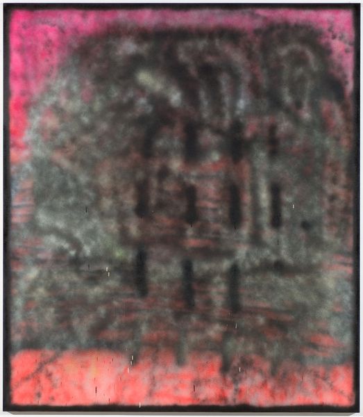 A blurred, square image with a dark centre and pink and orange outer areas. All areas appear diffuse and soft, with black patterns running across the surface.