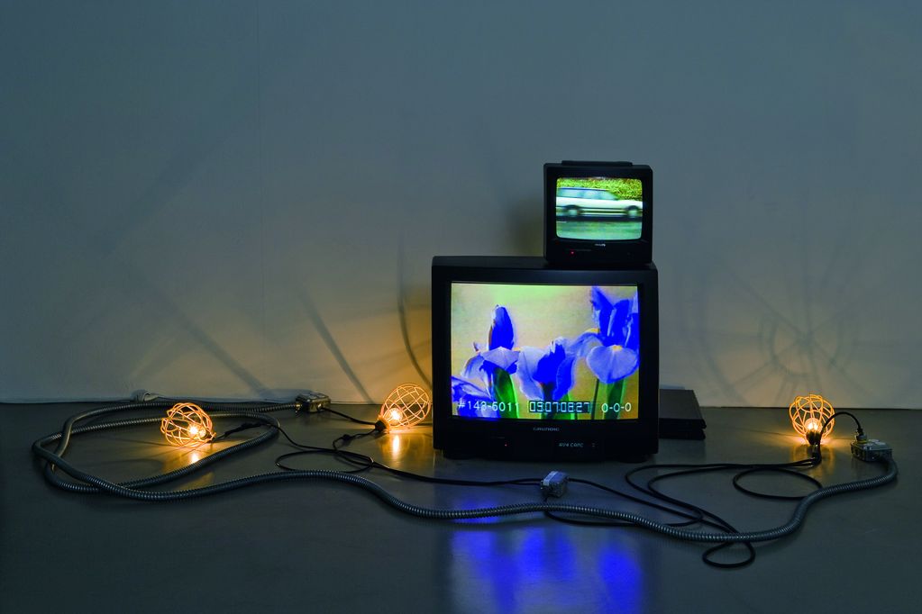 This work consists of two televisions, a small one standing on a large one, the small one showing a moving car, the large one purple flowers. Surrounding the televisions are glowing light bulbs with a grid around them and attached to thick cables. Matthew McCaslin, Sammlung Goetz Munich