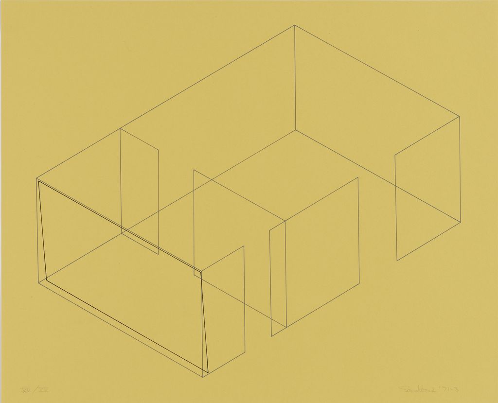 Screen print, black outlined spatial model on ochre background. Fred Sandback, Sammlung Goetz, Munich