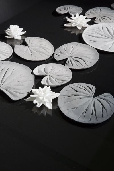 Auf der Schwarz-Weiß-Fotografie sind Seerosenblätter und -blüten zu sehen, die auf schwarzem, leicht spiegelndem Untergrund liegen. Hans Op de Beeck, Sammlung Goetz München
