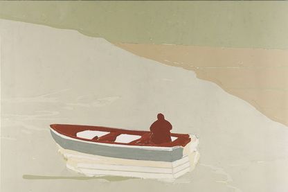Diese Malerei zeigt in zarten Farbtönen ein Boot mit einer Person darin, das einsam auf einer Wasserfläche nahe vom Land treibt. Veron Urdarianu, Sammlung Goetz München