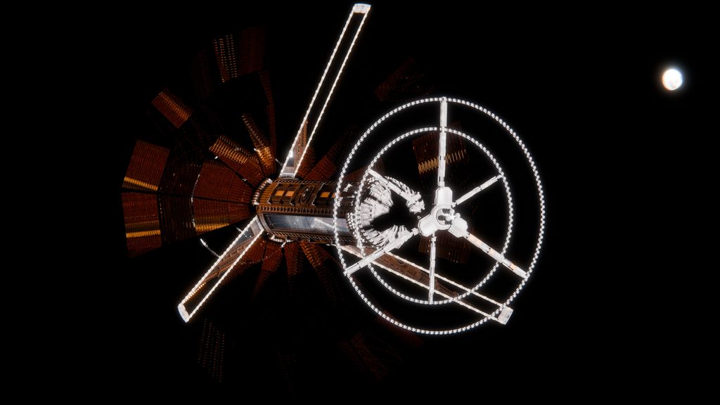 Großes, radförmiges Raumschiff mit Solarpaneelen vor schwarzem Weltraumhintergrund, ein Planet (wahrsch ist im Hintergrund sichtbar.