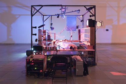 Rauminstallative Arbeit, die eine Maschine enthält, bestehend aus einem Zahnarztstuhl, Schwarzweißfernsehapparate, Robotertechnik, Pneumatik, einer Gitarre sowie einem Computer. Ein beweglicher Megaphonlautsprecher umgibt einen elektrischen Zahnarztstuhl. Der Stuhl ist mit einem rosafarbenen Kunstfell mit Lederriemen und Stacheln überzogen. In der Installation befinden sich zwei Roboterarme, die schweben und sich bewegen - mal wie in einem Ballett, mal greifen sie den unsichtbaren Gefangenen auf dem Stuhl mit pneumatischen Kolben an. Eine Discokugel dreht sich über dem Mechanismus und reflektiert eine Reihe von farbigen Lichtern, während eine von einem Roboterstab angeschlagene Gitarre klagt und eine Wand aus alten Fernsehern sich an- und ausschaltet und ein unheimliches Leuchten erzeugt. Janet Cardiff/George Bures Miller, Sammlung Goetz München