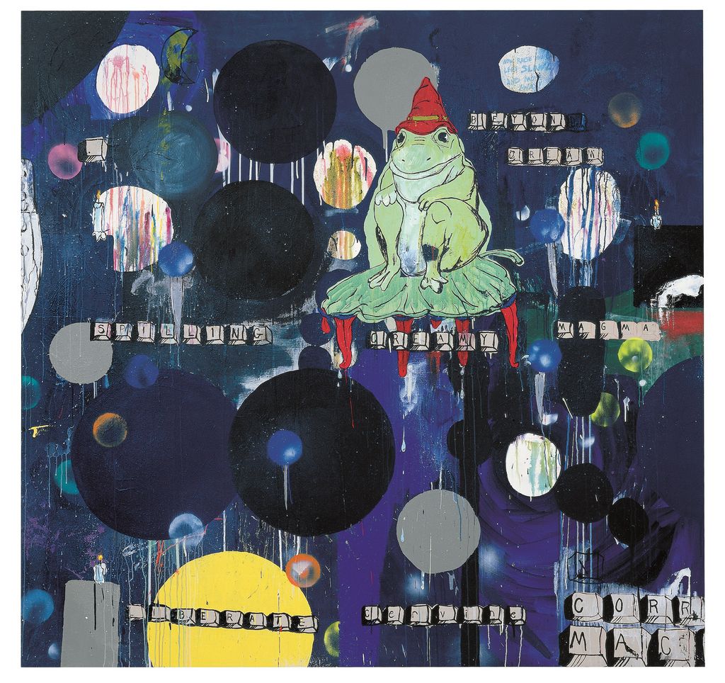 This painting shows a frog sitting on a leaf with a red cap, a few circles of color, and individual keys on a computer keyboard forming words like "Spilling Creamy Magma." Thaddeus Strode, Sammlung Goetz Munich