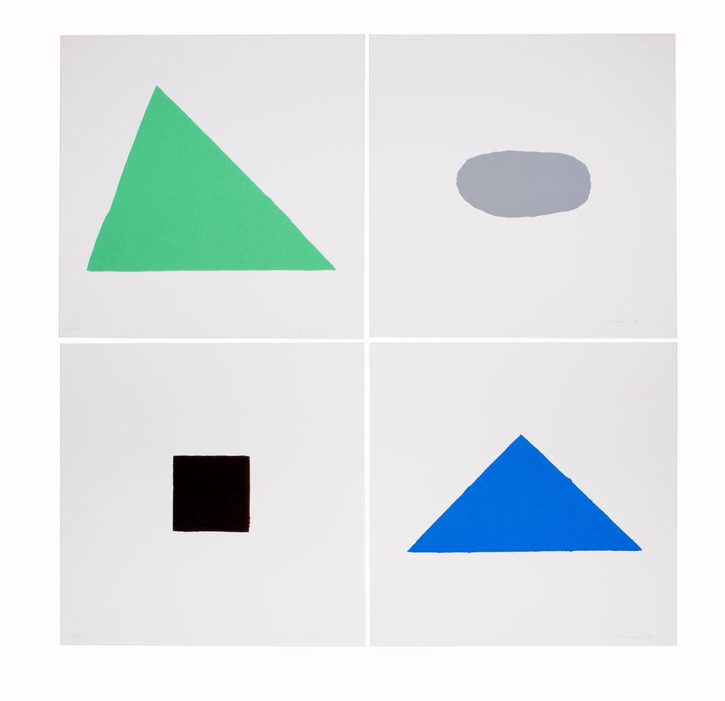 Four silkscreens each on square paper. At the top left a green triangle, at the top right a grey horizontal oval, at the bottom left a black square, at the bottom right a blue isosceles triangle. All four forms have irregular outlines. Blinky Palermo, Sammlung Goetz, Munich
